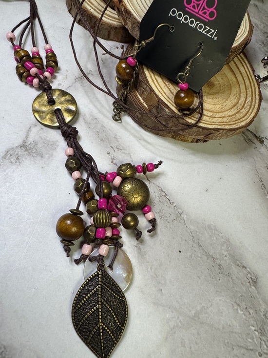 paparazzi Jewelry - paparazzi Pink and Bronze Beaded Boho Leaf Long Necklace with Earrings